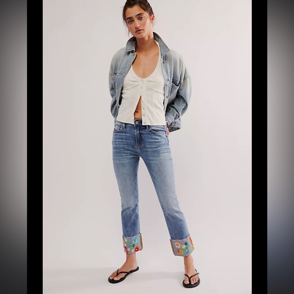 NWT Driftwood Colette Skinny Jeans Embroidered Cuff Cropped Waist 6 Length 27